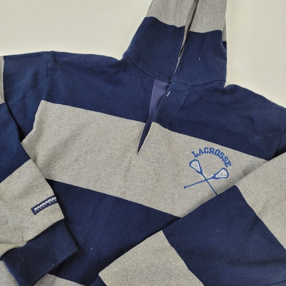 VTG 90s Barbarian Rugby Wear Rugby Shirt Hooded Blue Gray Stripe Mens S LaCrosse